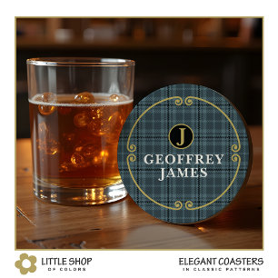 Elegant Black Gold Windowpane Check Monogram Round Paper Coaster