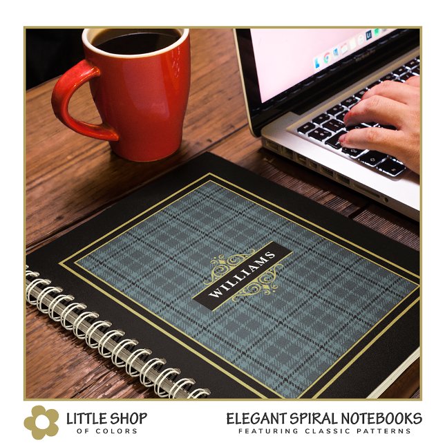 Elegant Black Gold Windowpane Check Monogrammed Notebook (Creator Uploaded)