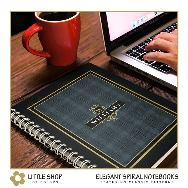 Elegant Black Gold Windowpane Plaid Monogram Notebook (Creator Uploaded)