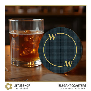 Elegant Black Gold Windowpane Plaid Monogram Round Paper Coaster