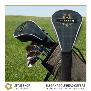 Elegant Black Gold Windowpane Plaid Monogrammed Golf Head Cover