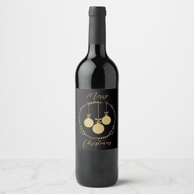 Elegant Black Gold Wreath Merry Christmas Party Wine Label (Front)