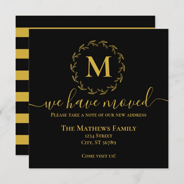 Elegant Black Gold Wreath Monogram We've Moved Announcement (Front/Back)