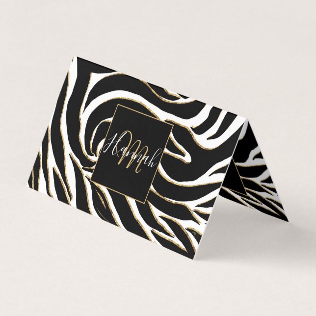 Elegant Black Gold Zebra White Animal Print Business Card (Front)