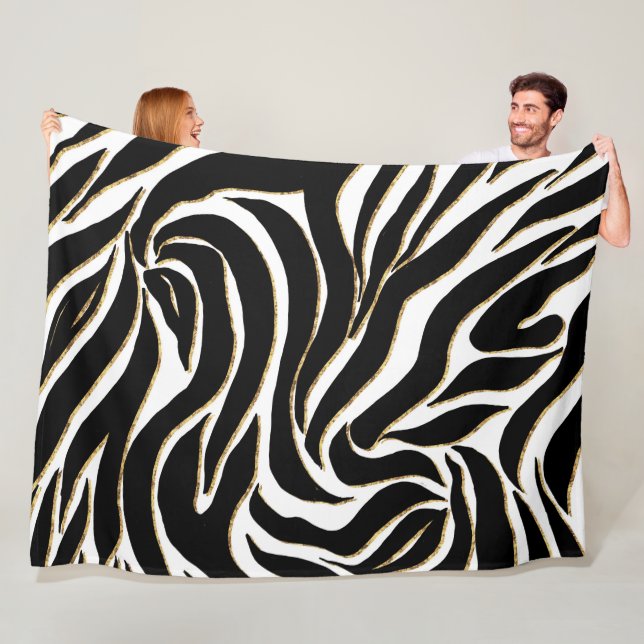 Elegant Black Gold Zebra White Animal Print Fleece Blanket (In Situ)