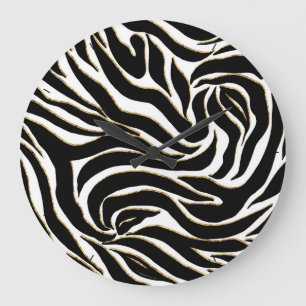 Elegant Black Gold Zebra White Animal Print Large Clock