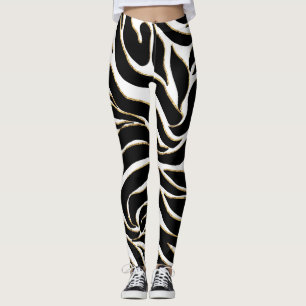 Elegant Black Gold Zebra White Animal Print Leggings