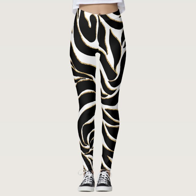 Elegant Black Gold Zebra White Animal Print Leggings (Front)