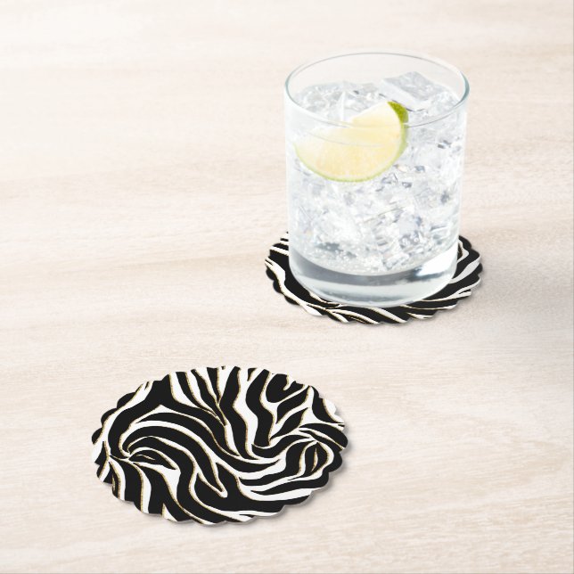 Elegant Black Gold Zebra White Animal Print Paper Coaster (Insitu)