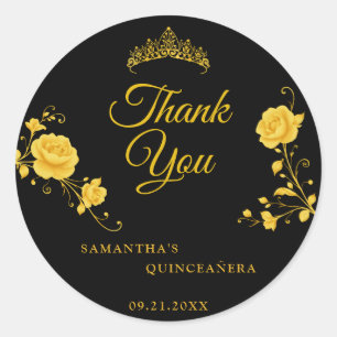Elegant Black Golden Floral Quinceañera Thank You  Classic Round Sticker
