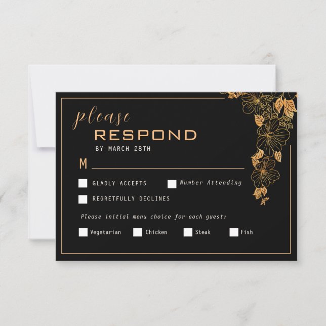 Elegant Black & Golden Foliage  RSVP Card (Front)