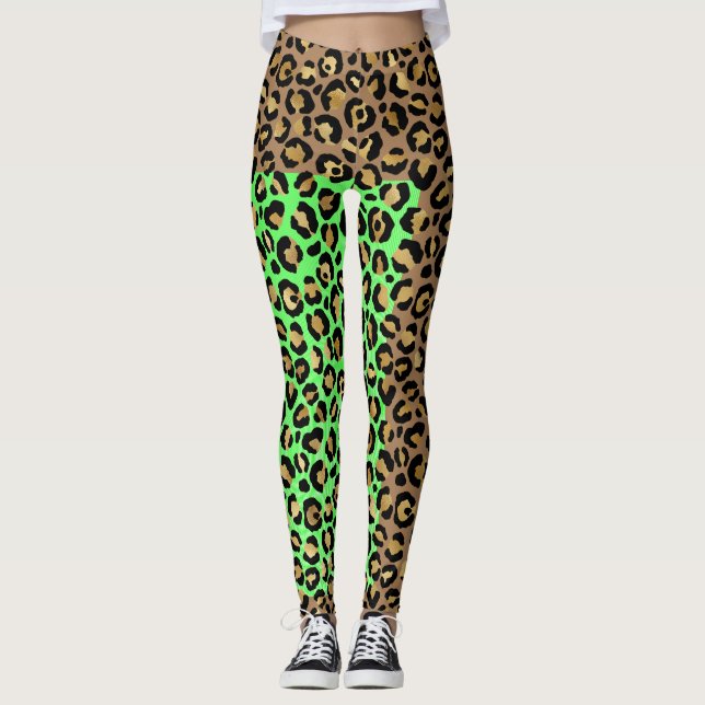 Elegant Black Golden Leopard Animal Print Leggings (Front)