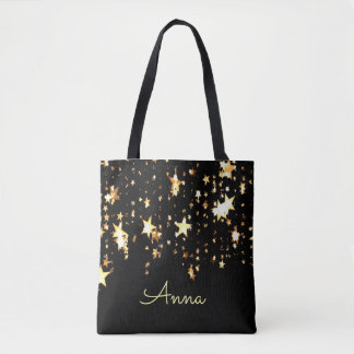 Elegant, Black, Golden stars, Personalised Tote Bag