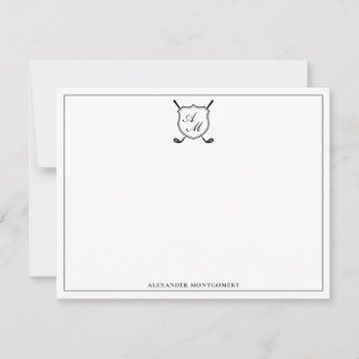 Elegant Black Golf Monogram Crest Flat Note Card