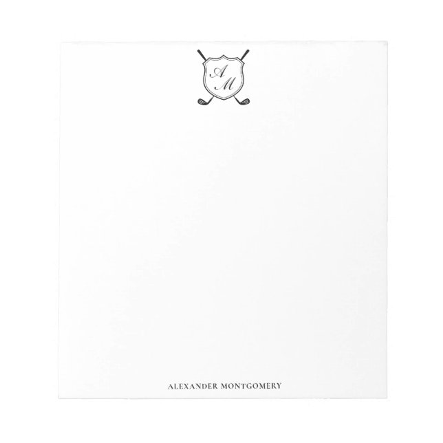 Elegant Black Golf Monogram Crest Notepad (Front)