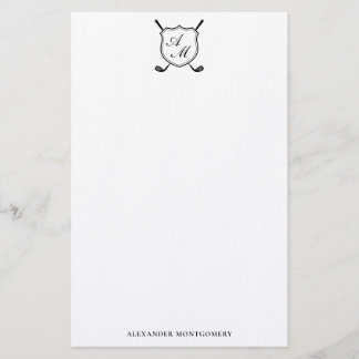 Elegant Black Golf Monogram Crest Stationery