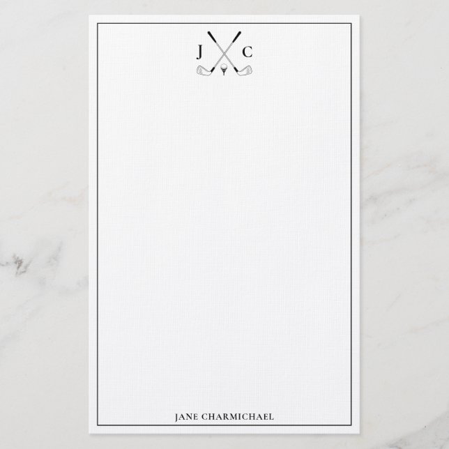 Elegant Black Golf Monogram Stationery (Front)