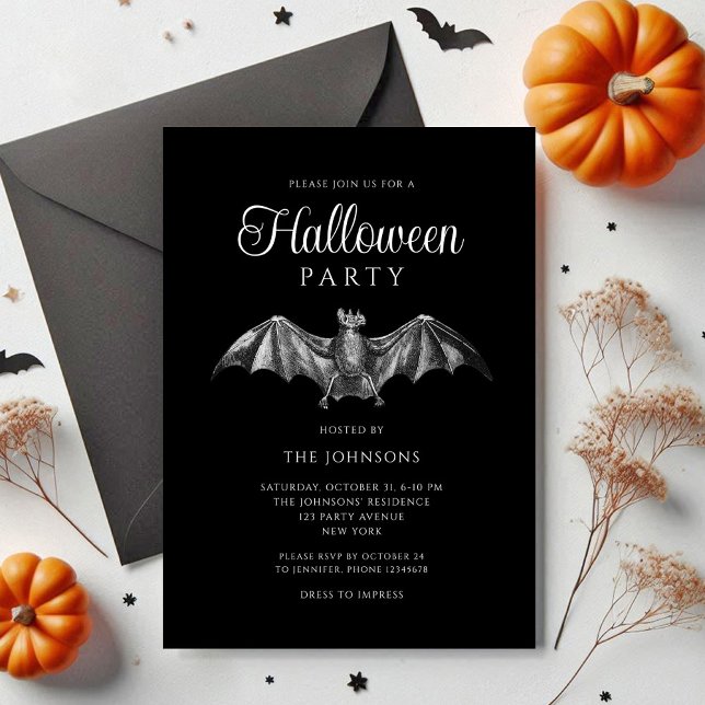 Elegant Black Gothic Bat Halloween Party Invitation (Elegant Black Gothic Bat Halloween Party Invitation)