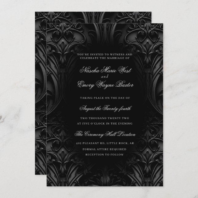Elegant Black Gothic Damask Moody Wedding Invitation (Front/Back)