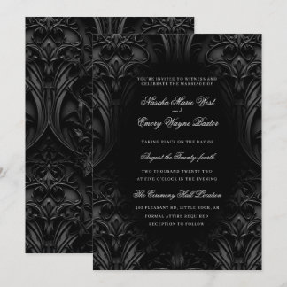 Elegant Black Gothic Damask Moody Wedding Invitation