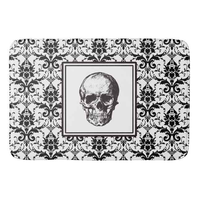 Elegant Black Gothic Damask Pattern Skull Bath Mat (Front)