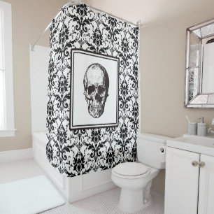 Elegant Black Gothic Damask Pattern Skull Shower Curtain