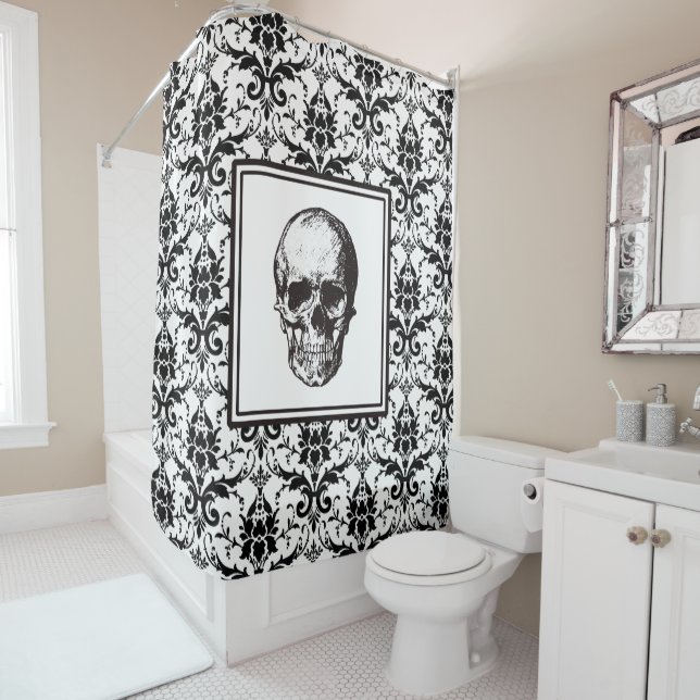 Elegant Black Gothic Damask Pattern Skull Shower Curtain (In Situ)