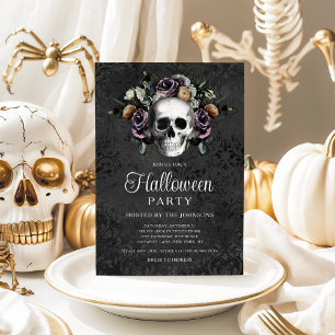 Elegant Black Gothic Floral Skull Halloween Invitation