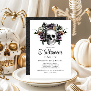 Elegant Black Gothic Floral Skull Halloween Invitation
