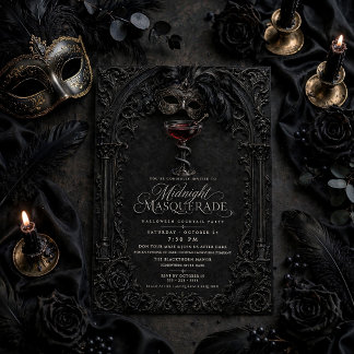 Elegant Black Gothic Masquerade Halloween Cocktail Invitation