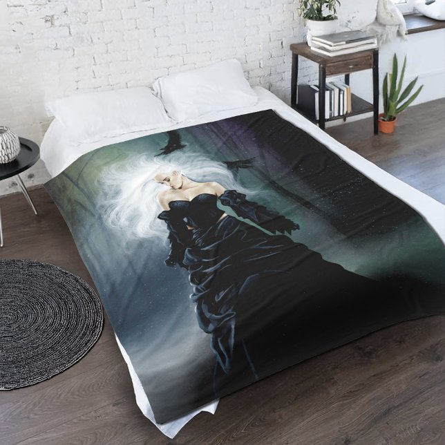 Elegant Black Gothic Mysterious Woman Ravens Mist Fleece Blanket (Creator Uploaded)