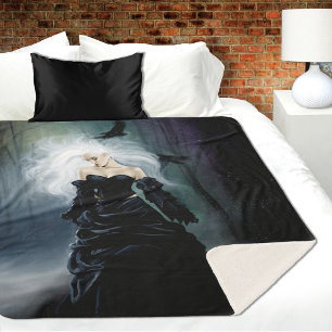 Elegant Black Gothic Mysterious Woman Ravens Mist Sherpa Blanket