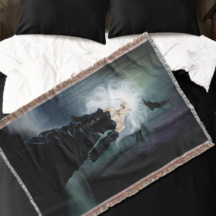 Elegant Black Gothic Mysterious Woman Ravens Mist Throw Blanket