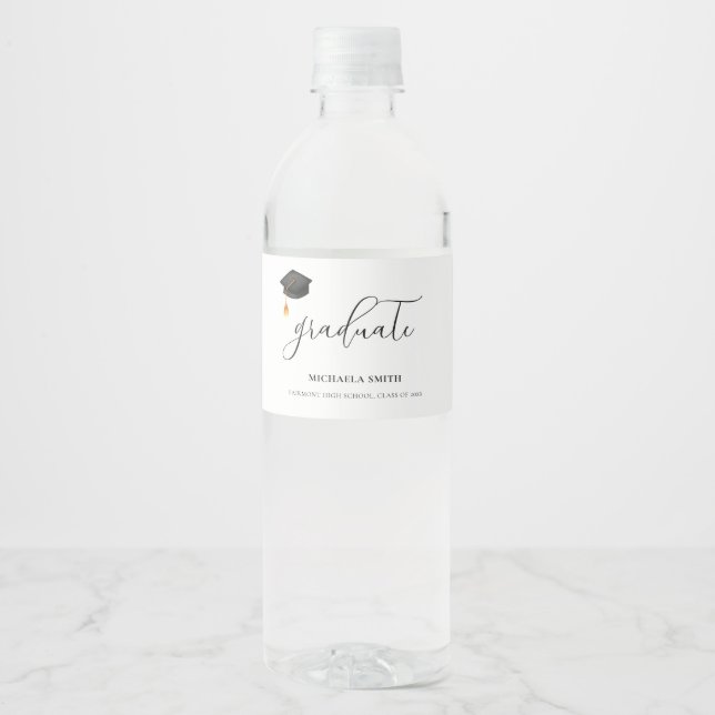 Elegant Black Graduation Cap Script High School Water Bottle Label (Front)
