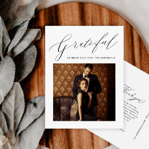 Elegant Black Grateful Script Photo Wedding Postcard