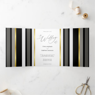 Elegant Black Gray Gold Stripe Photo Wedding  Tri-Fold Card