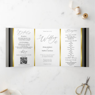 Elegant Black Gray Gold Stripe Typography Wedding  Tri-Fold Card