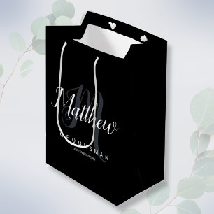 Elegant Black & Gray Personalized Groomsman  Medium Gift Bag