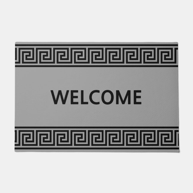 Elegant Black Greek Pattern on Grey Doormat (Front)