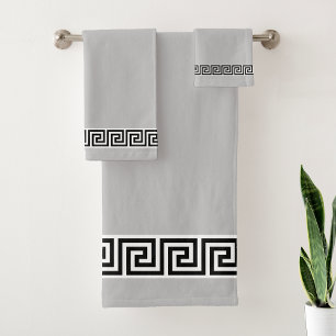 Elegant Black Greek Pattern on Light Silver Grey Bath Towel Set