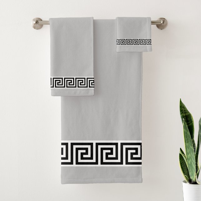 Elegant Black Greek Pattern on Light Silver Grey Bath Towel Set (Creator Uploaded)