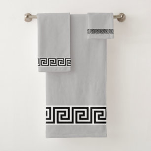 Elegant Black Greek Pattern on Silver Grey Bath Towel Set
