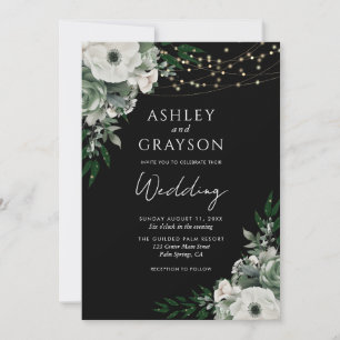 Elegant Black Green Floral Wedding Invitation