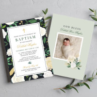Elegant Black Green Gold Floral Girl Baptism