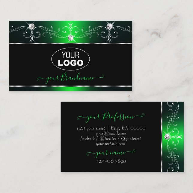 Elegant Black Green Ornate Sparkle Jewels Add Logo Business Card (Front/Back)