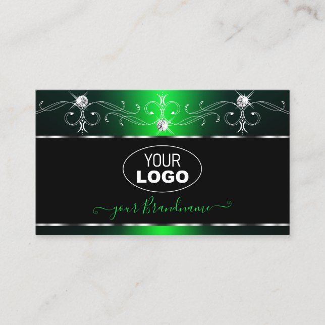 Elegant Black Green Ornate Sparkle Jewels Add Logo Business Card (Front)
