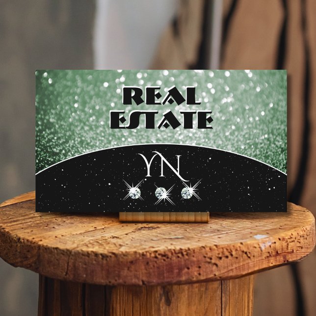 Elegant Black Green Sparkle Glitter with Monogram Business Card (Creator Uploaded)