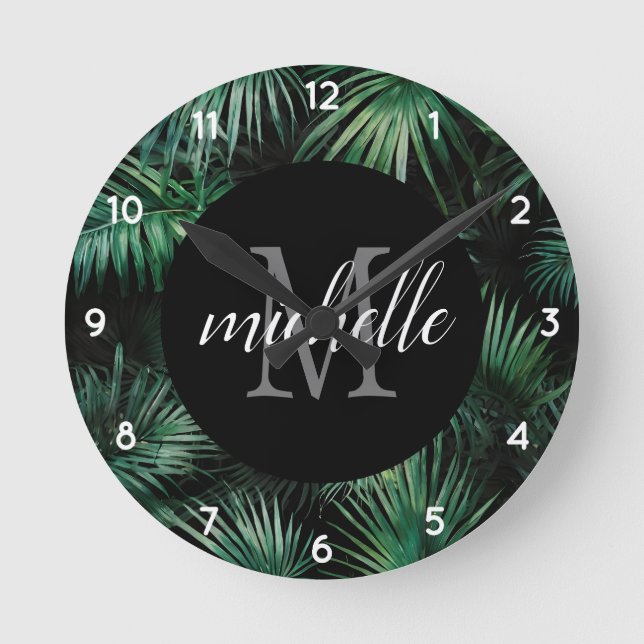 Elegant black green Tropical Palm Leaves Monogram Round Clock (Front)