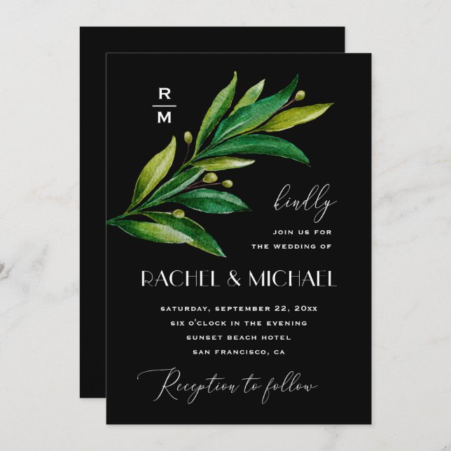 Elegant black green wedding. Watercolor greenery Invitation (Front/Back)