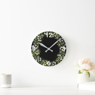 ELEGANT BLACK GREENERY BOTANICAL WALL CLOCK
